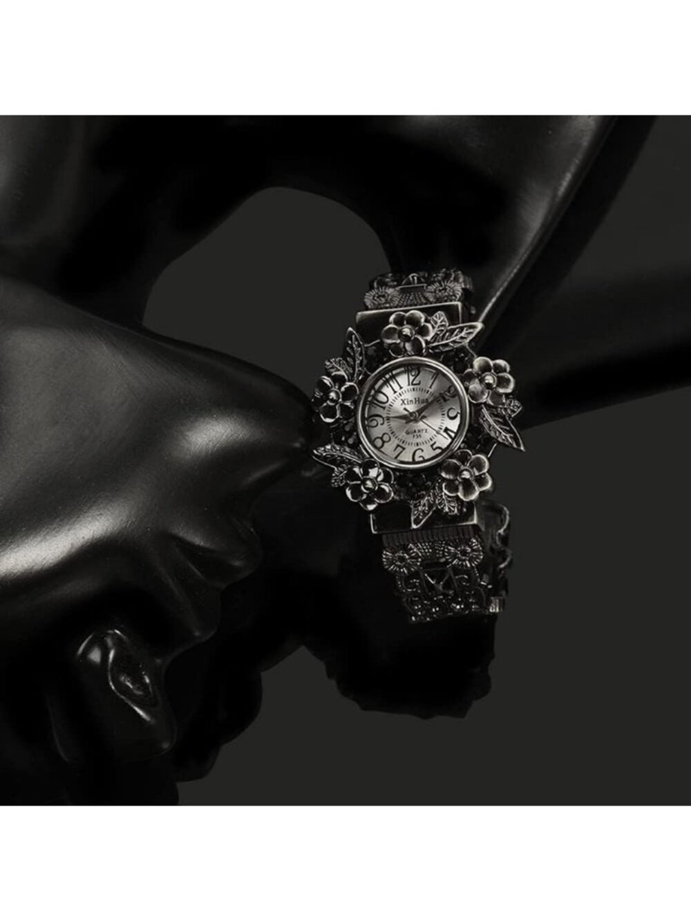 Women's Black Vintage Cuff Bangle Carved Flowers Analog Quartz Wrist Watch - Picture 4 of 7
